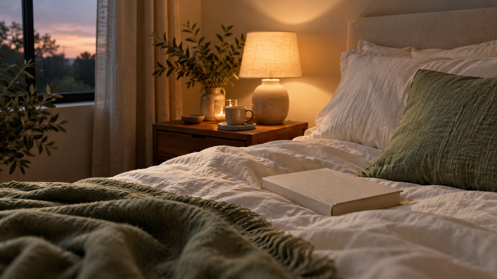 Quiet bedroom with ivory bedding, sage linen and a closed book at dusk