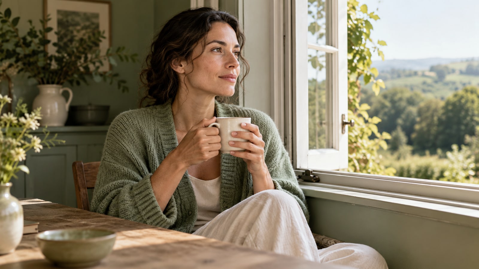 Illustrative adult in a sage cardigan holding a ceramic mug beside an open window