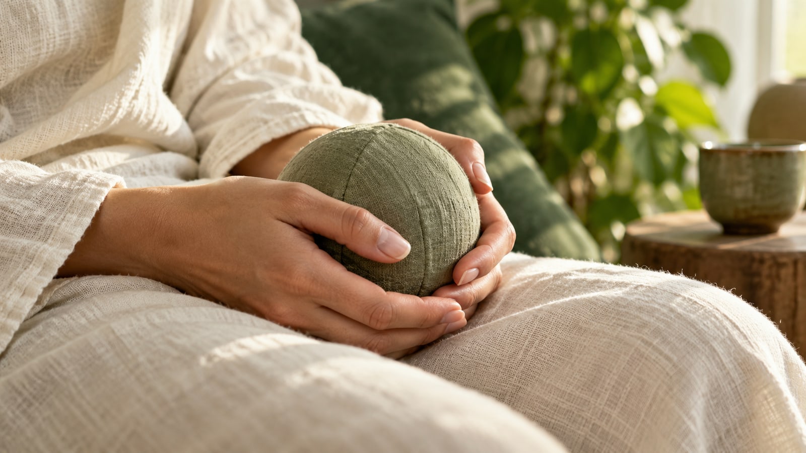 Relaxed adult hands holding a soft sage fabric ball on an ivory-covered lap.