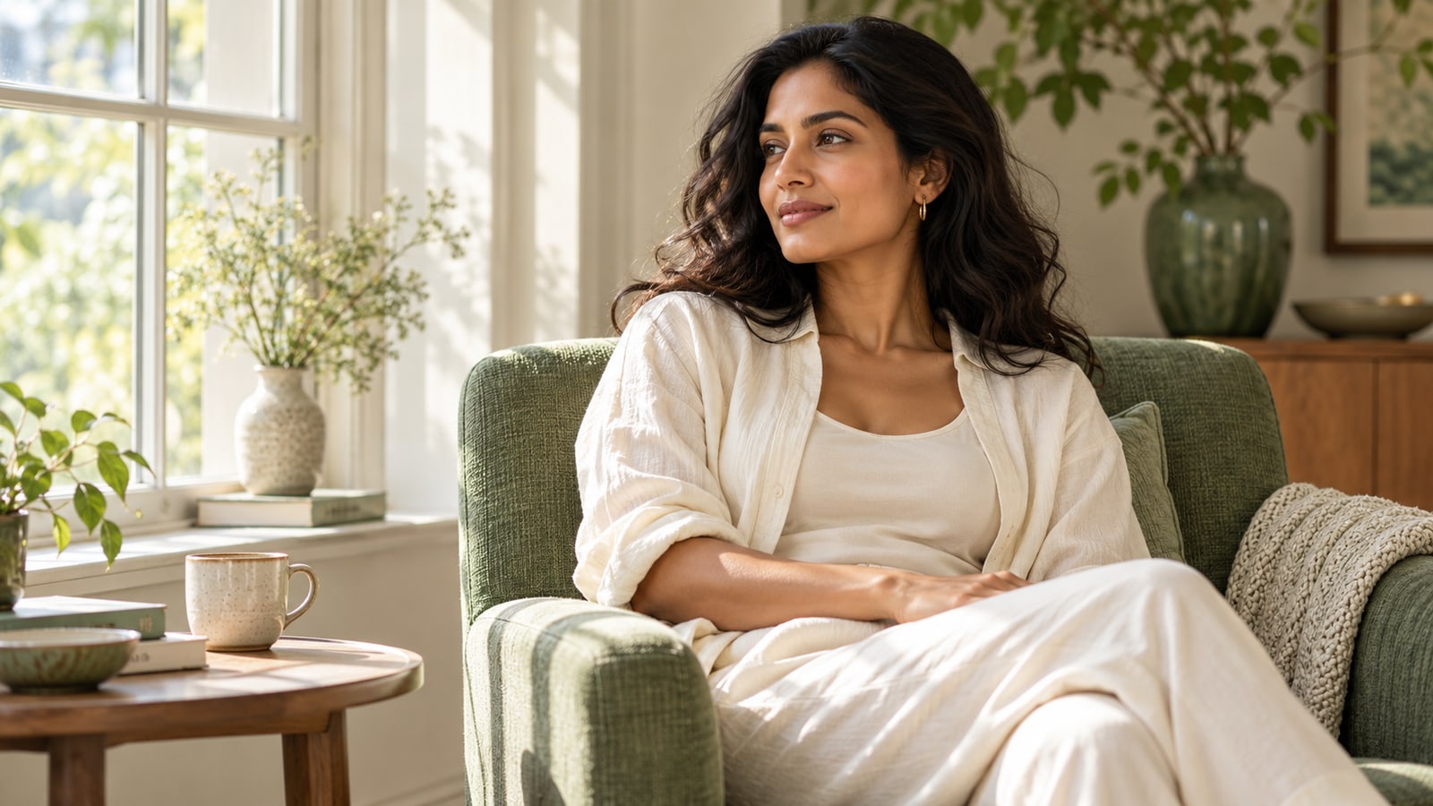 Fictional adult woman sitting calmly in a sage armchair beside a sunlit window.