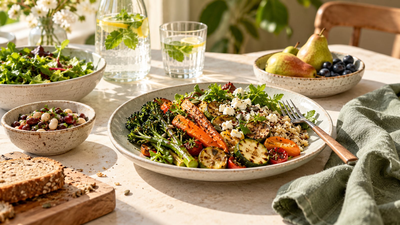 Everyday lunch of vegetables, grains, beans, bread and fruit on an ivory table.