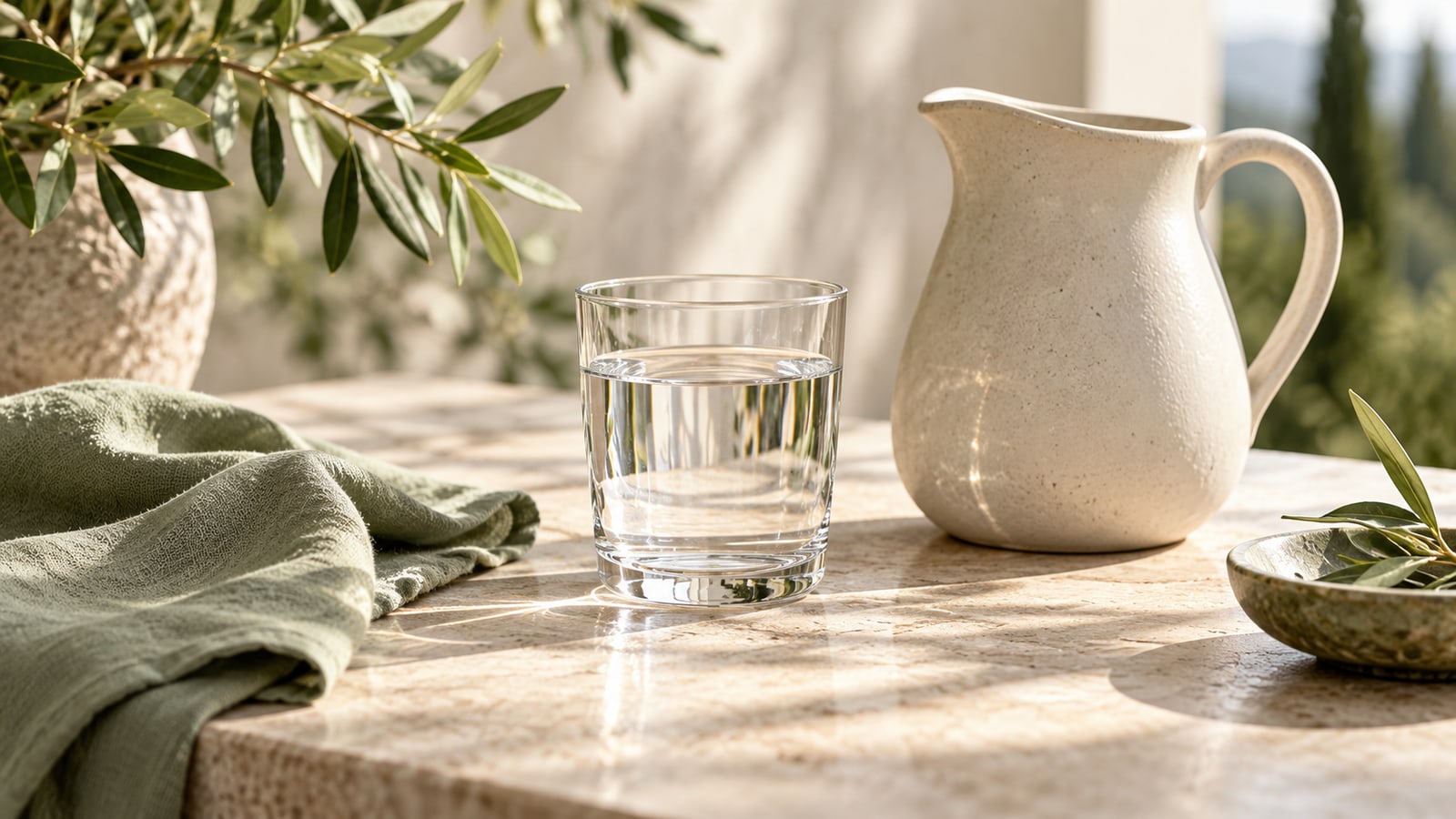 Clear glass of water beside an ivory ceramic jug and folded sage linen napkin.