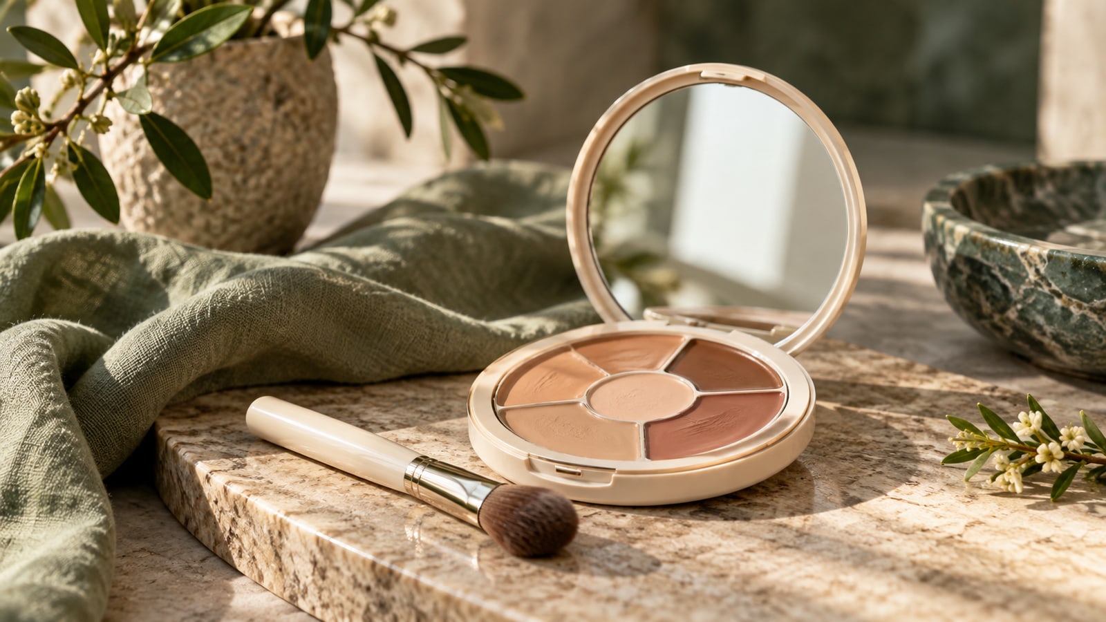 Unbranded skin-tone cream compact with a small brush and mirror beside sage linen.