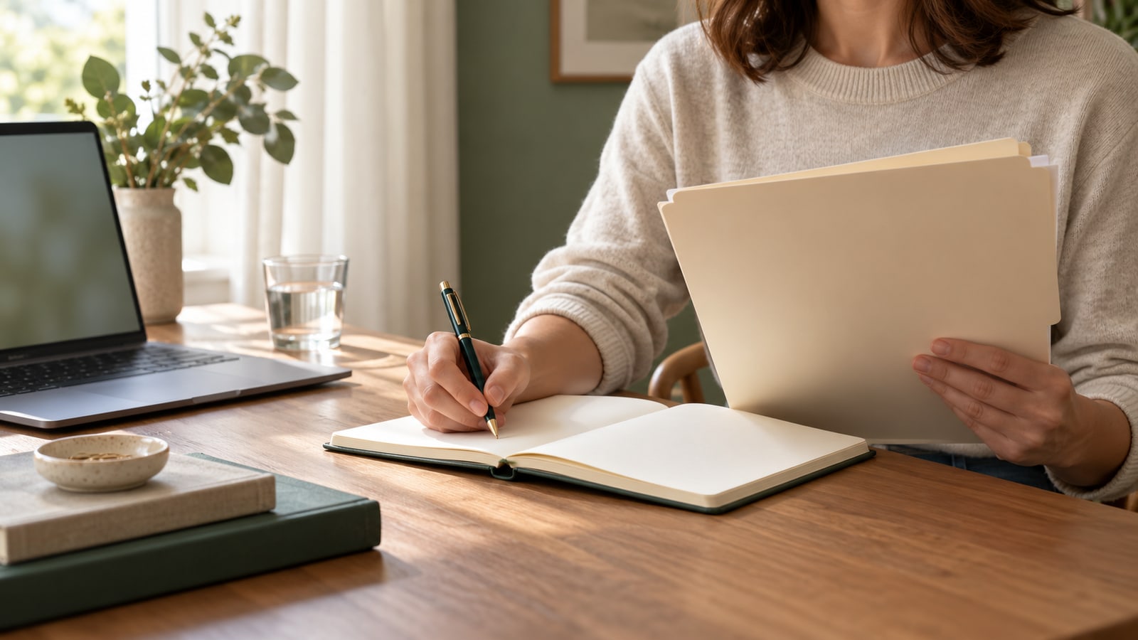 Illustrative adult reviewing a folder and writing consultation notes at a home desk
