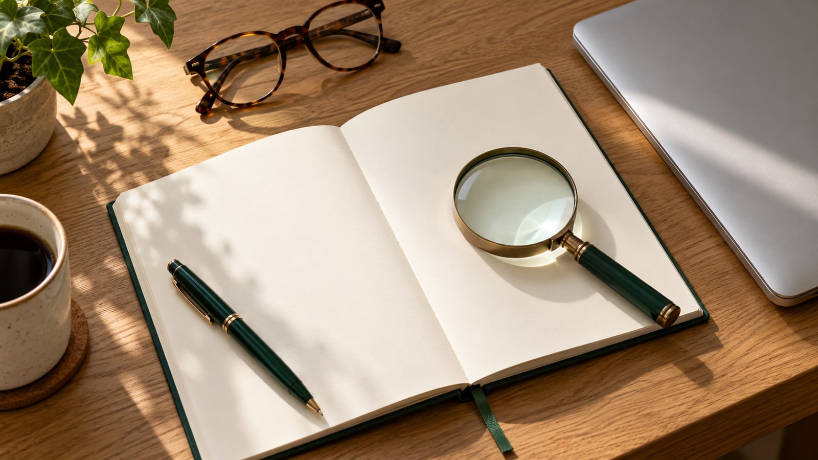 Illustrative magnifying glass, blank notebook, green pen and spectacles on an oak desk