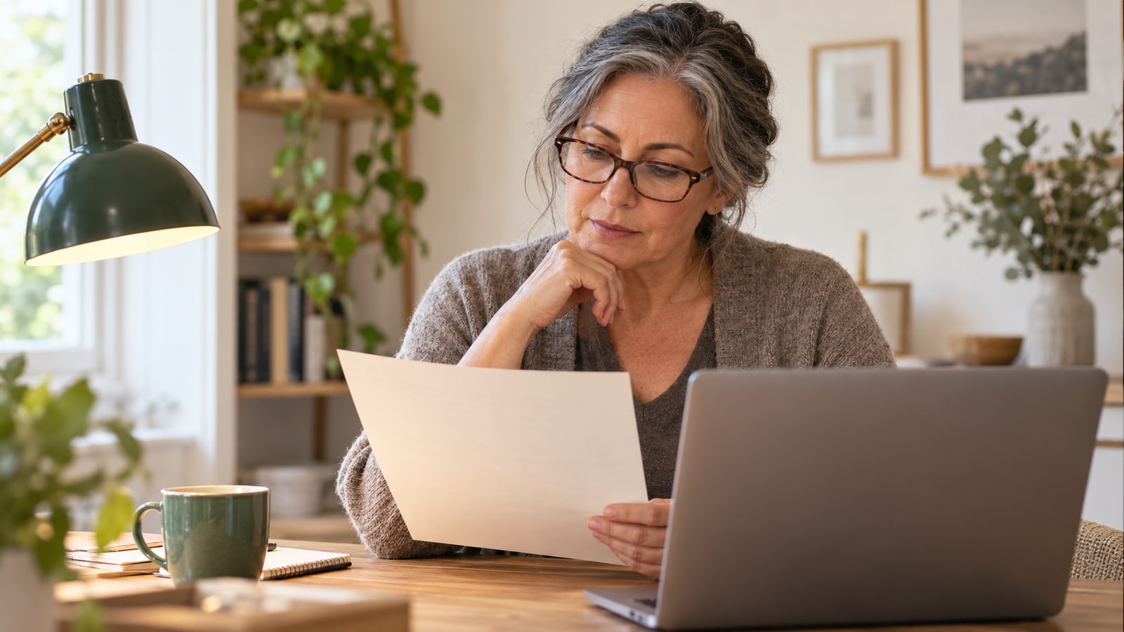 Illustrative adult with reading glasses examining a plain document beside a laptop at home