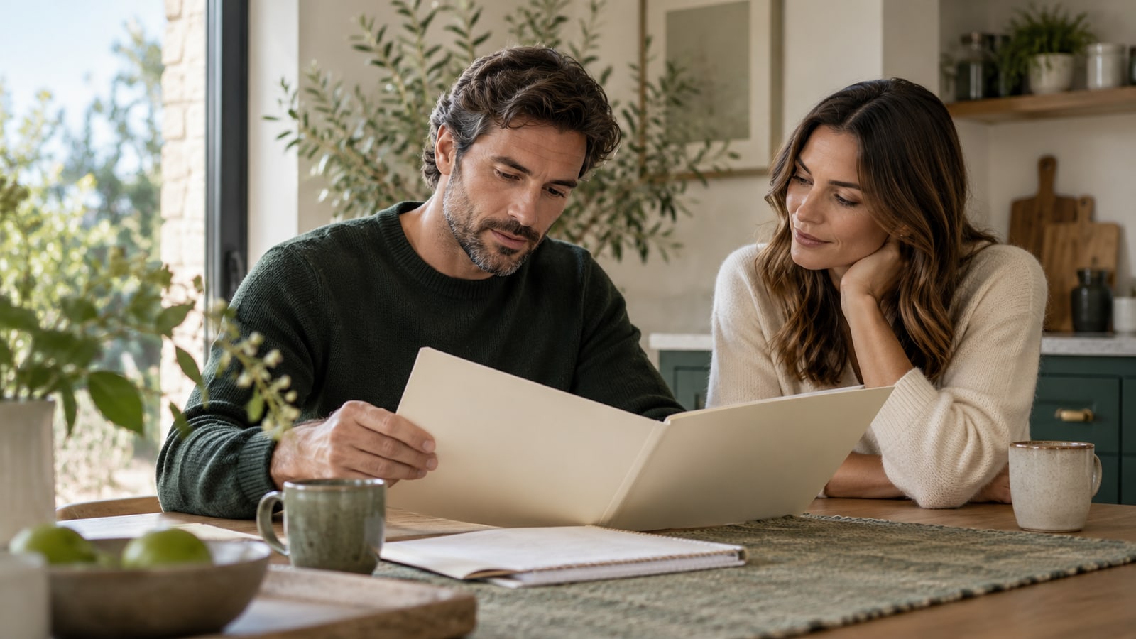 Illustrative adults reviewing a plain folder together at a kitchen table