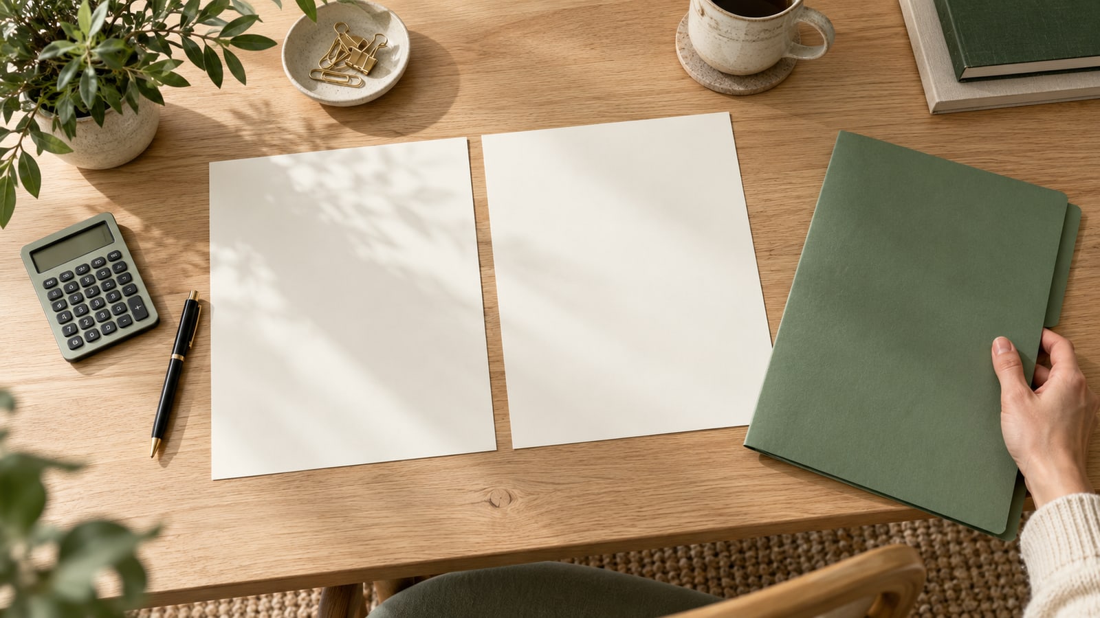 Illustrative blank quotation sheets beside a calculator and green folder
