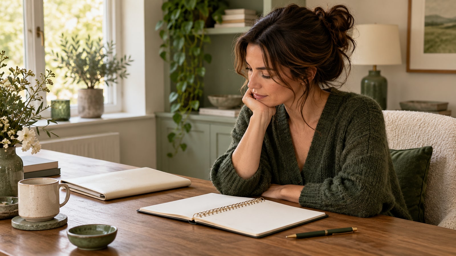 Illustrative adult reviewing a blank appointment notebook at a home desk