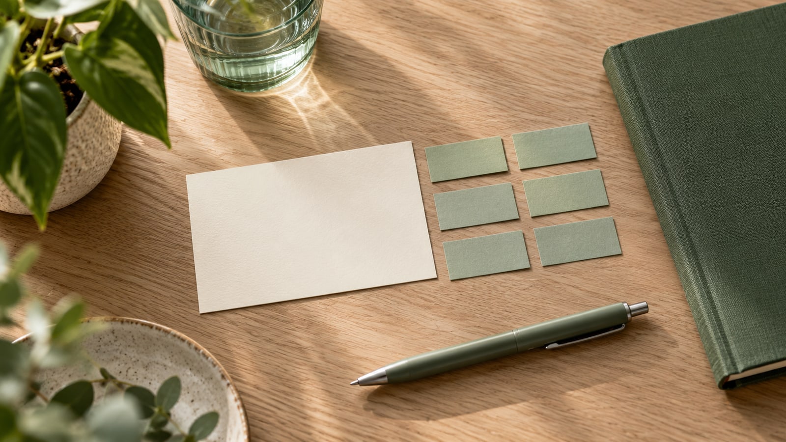 Illustrative blank appointment card beside six unmarked sage paper tabs