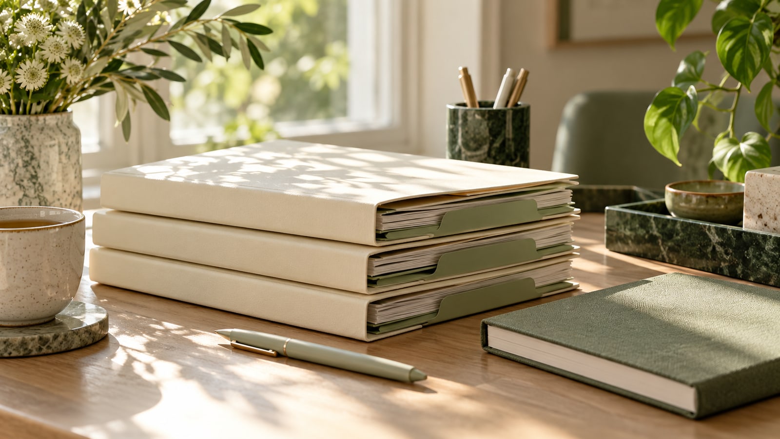 Illustrative cream appointment folders with sage dividers and a plain pen