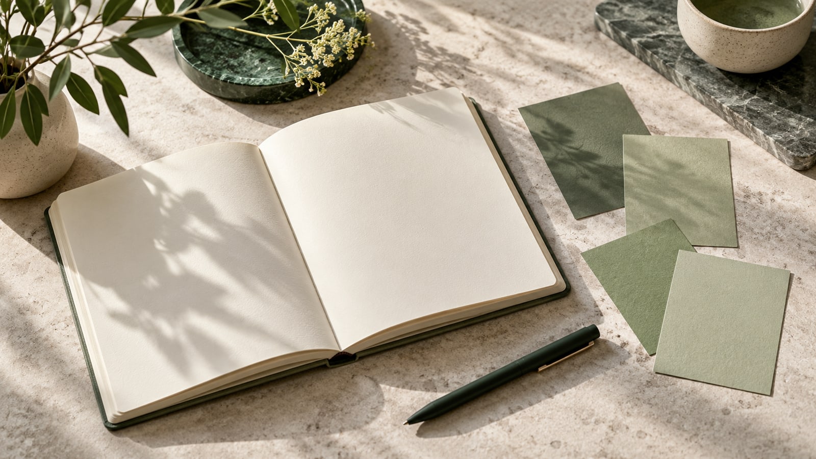 Illustrative blank appointment notebook with sage paper cards