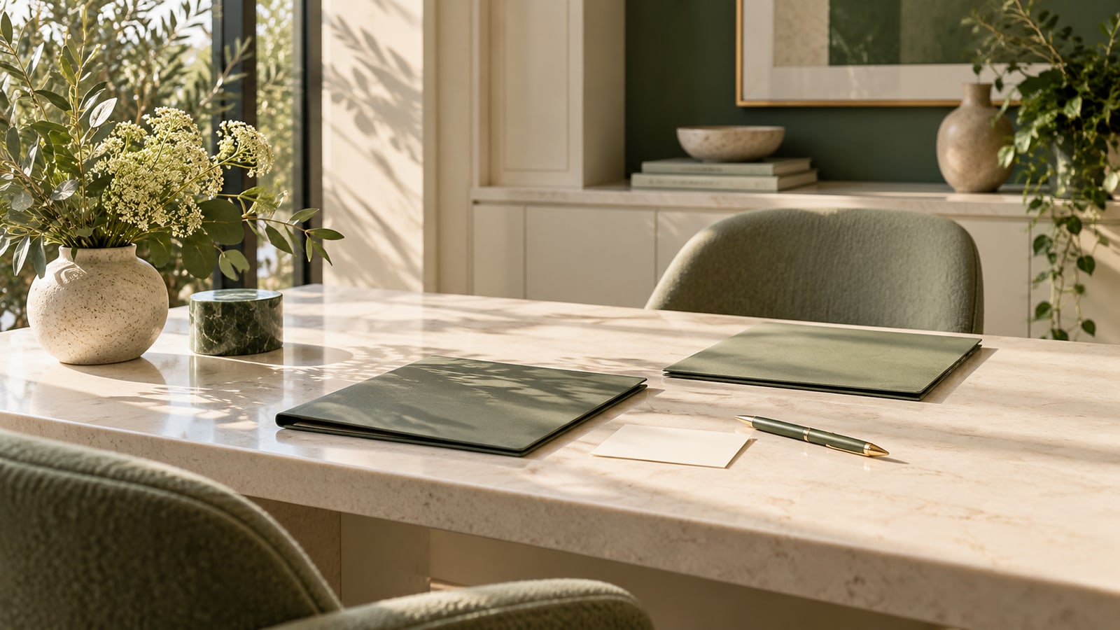 Illustrative consultation desk with two unmarked sage folders
