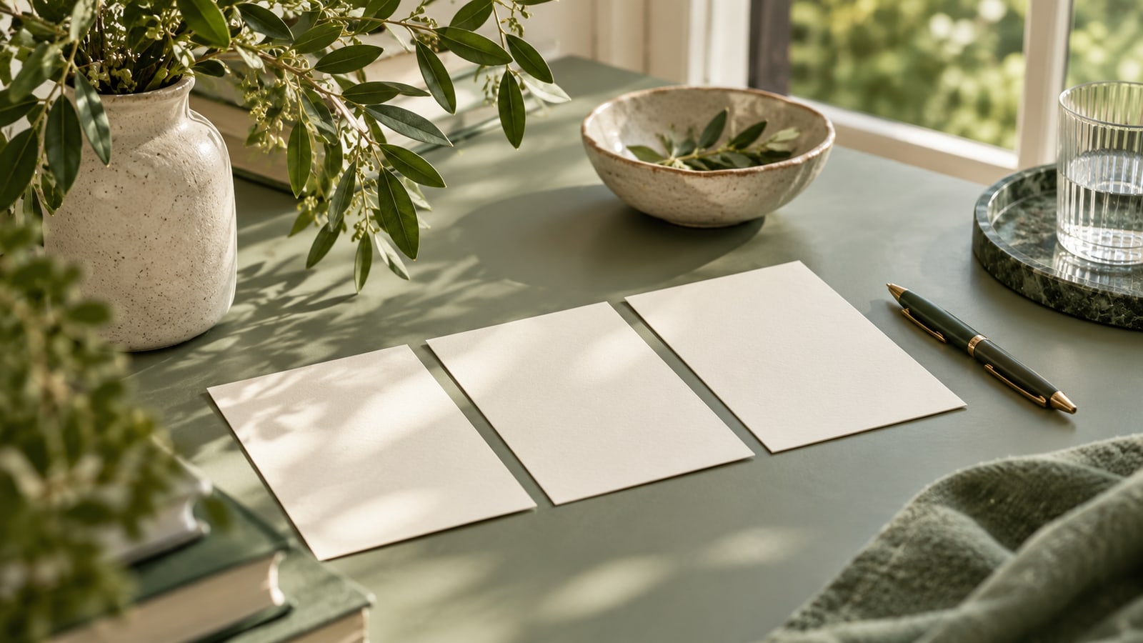 Three blank paper cards beside a pen on a sage desk