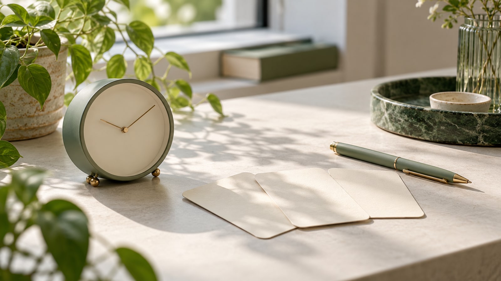 Simple analogue clock beside blank appointment cards and a sage pen