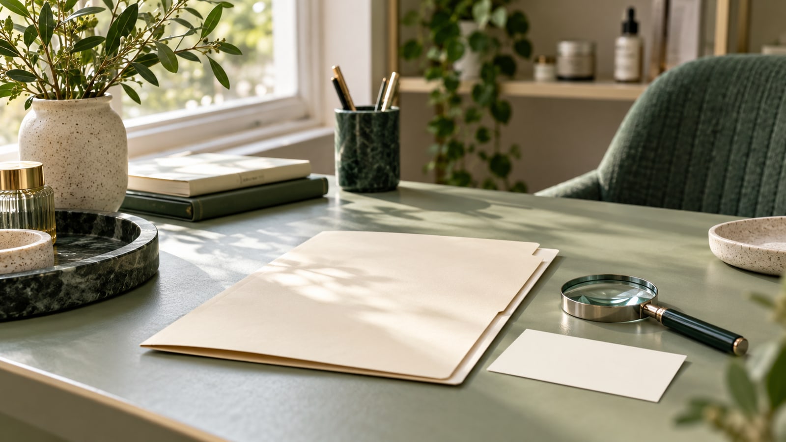 Magnifying glass beside an empty cream folder and appointment card on a sage desk