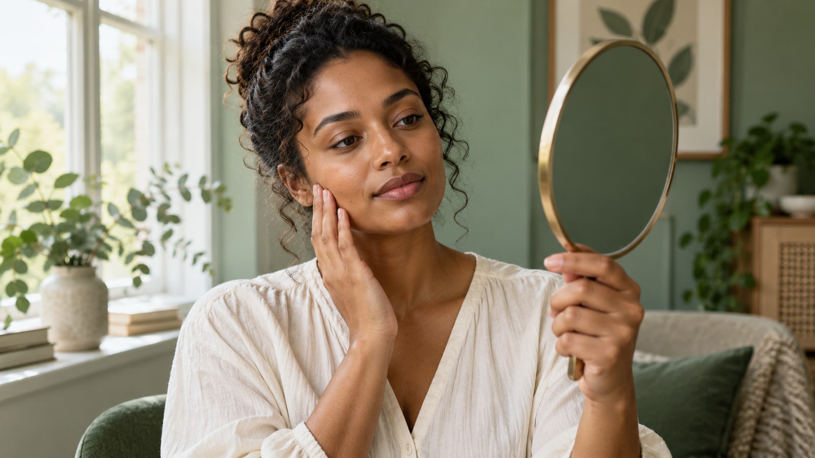 Illustrative adult with medium-brown skin looking thoughtfully into a handheld mirror