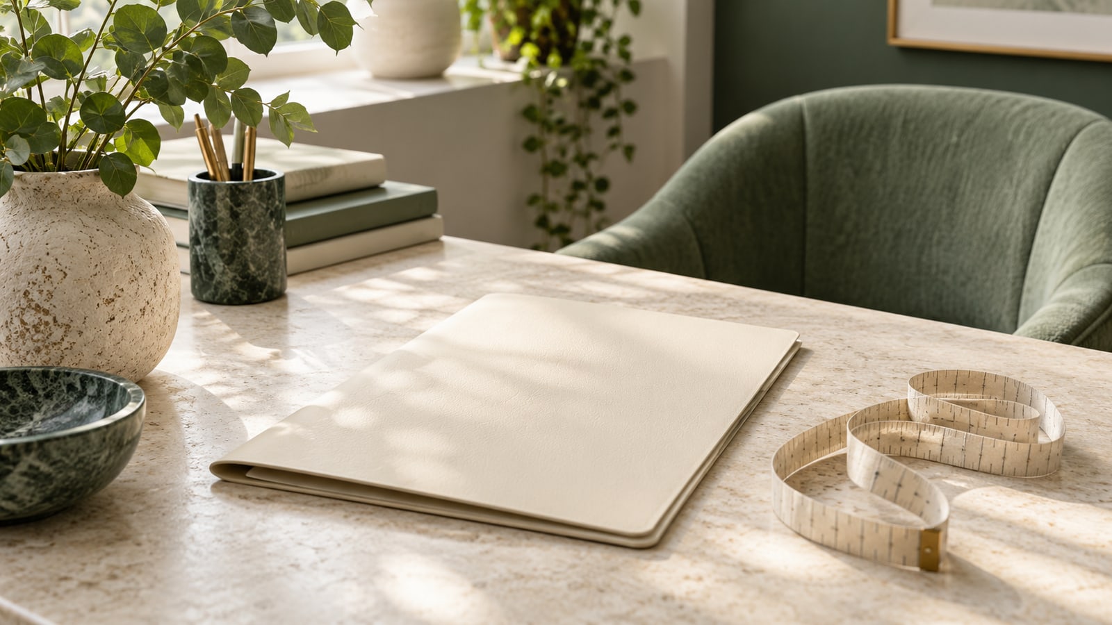 Blank cream consultation folder beside a coiled measuring tape and empty chair