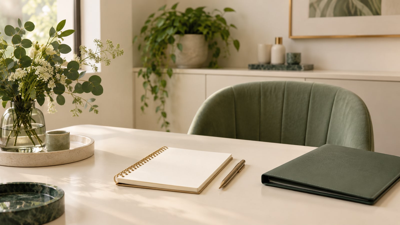 Blank appointment notebook and pen beside a closed folder on an ivory consultation desk