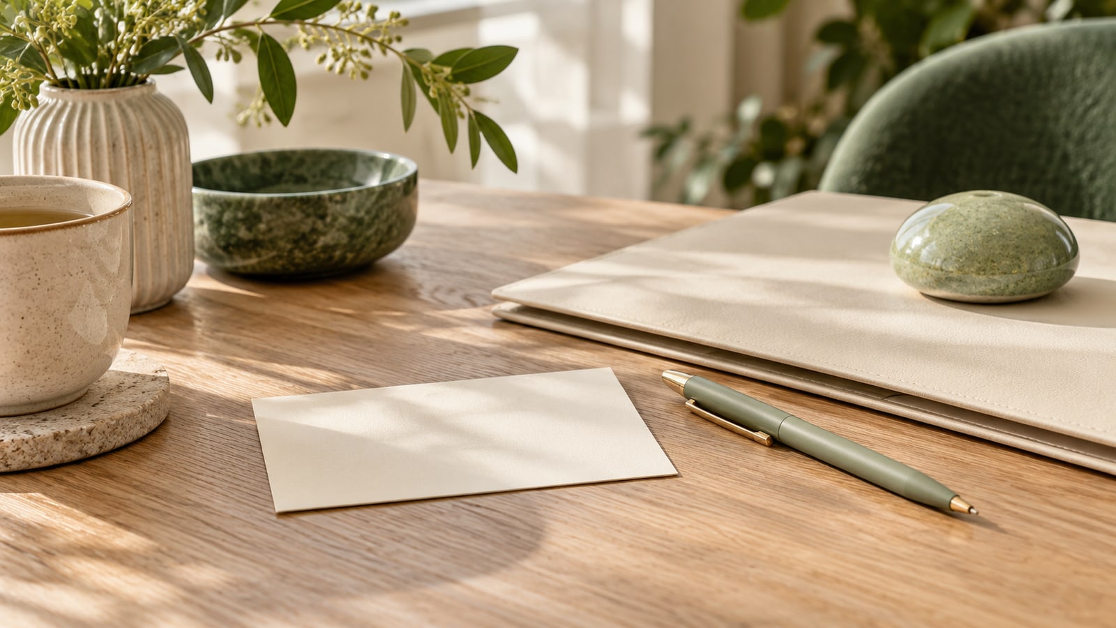 Blank appointment card and pen beside a cream folder and sage paperweight