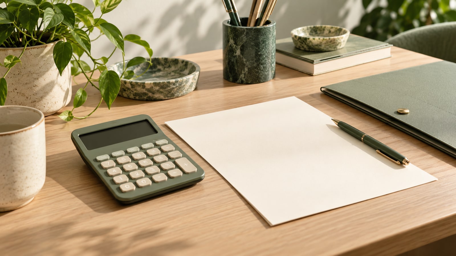 Calculator with a blank display beside a cream worksheet, pen and sage folder.