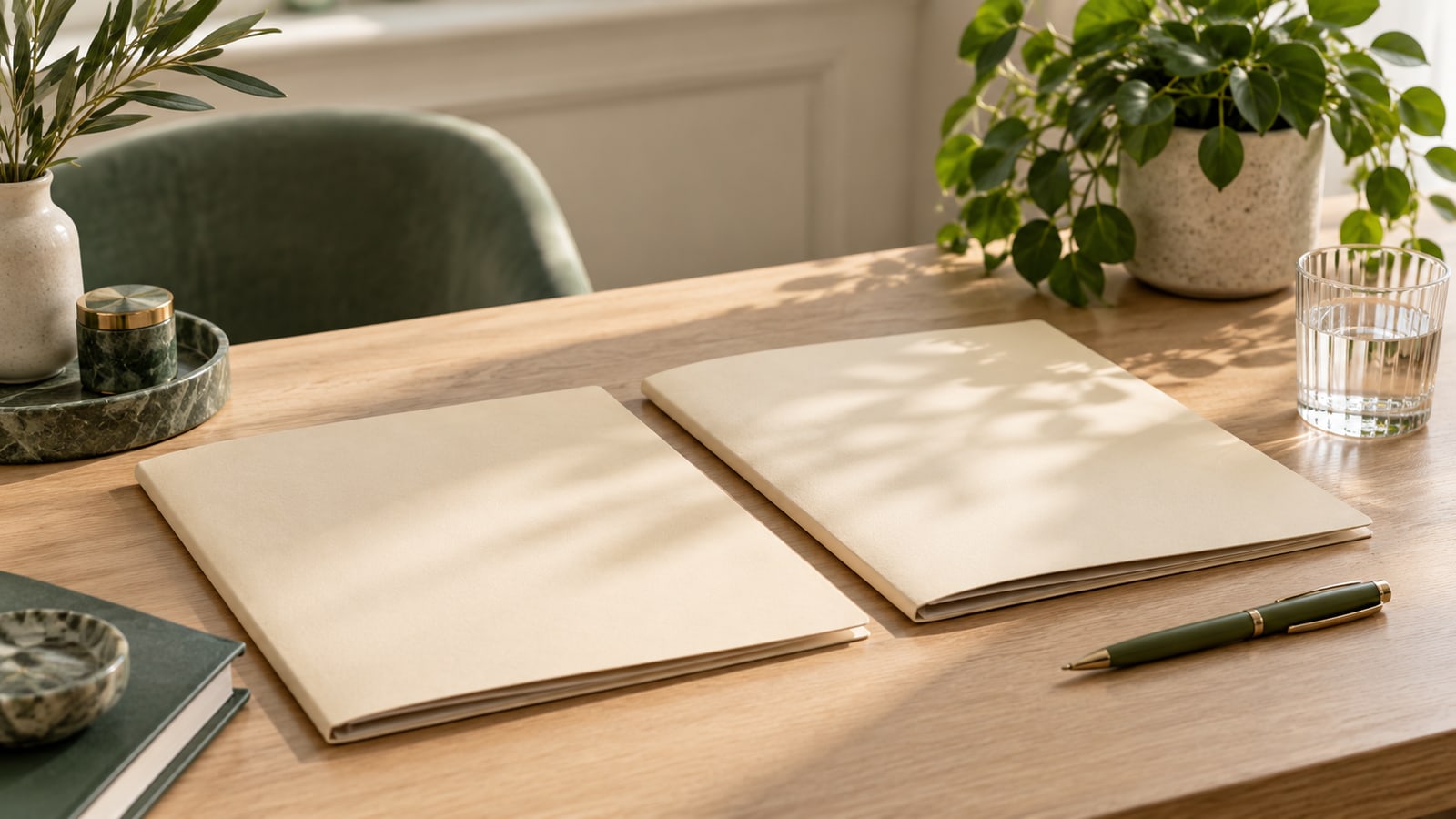 Two blank cream document folders on an oak desk with a sage pen and glass of water.