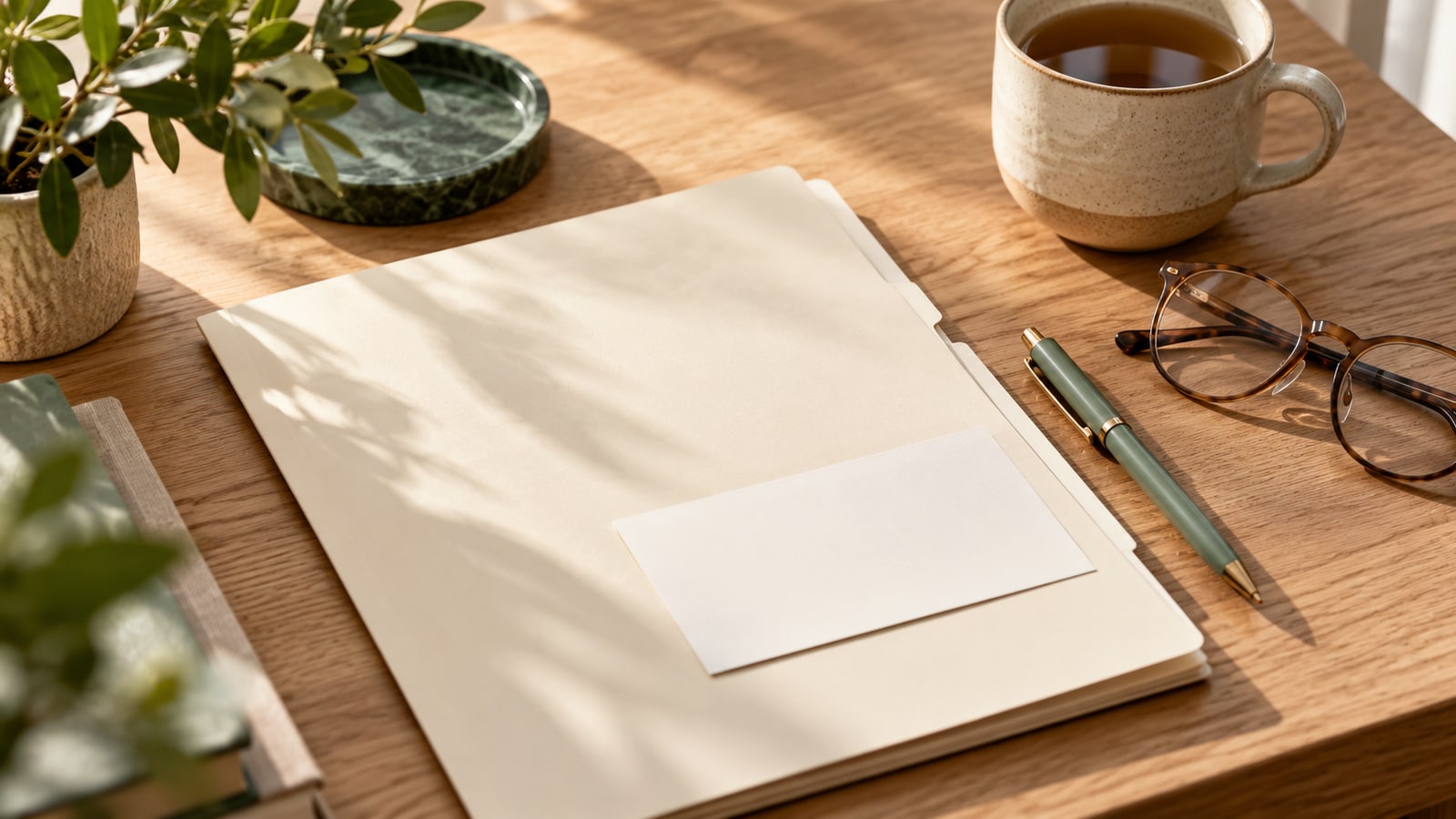Blank cream folder and card with a pen, spectacles and cup on an oak desk.