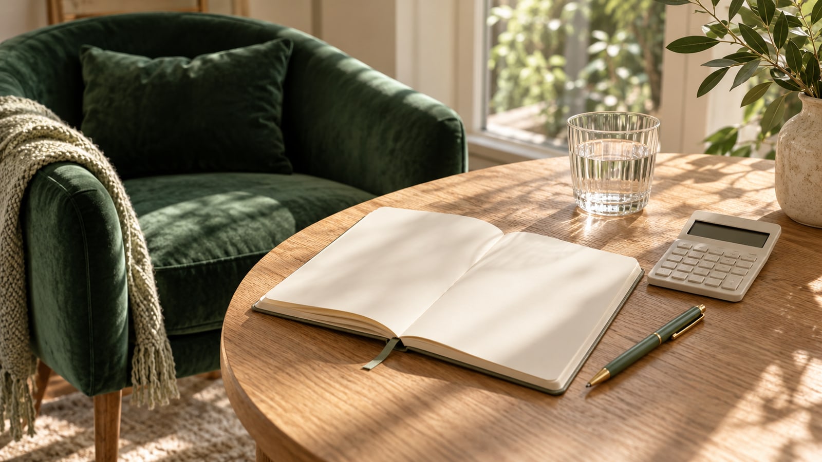 Open blank notebook, calculator and pen on an oak table beside an emerald armchair.