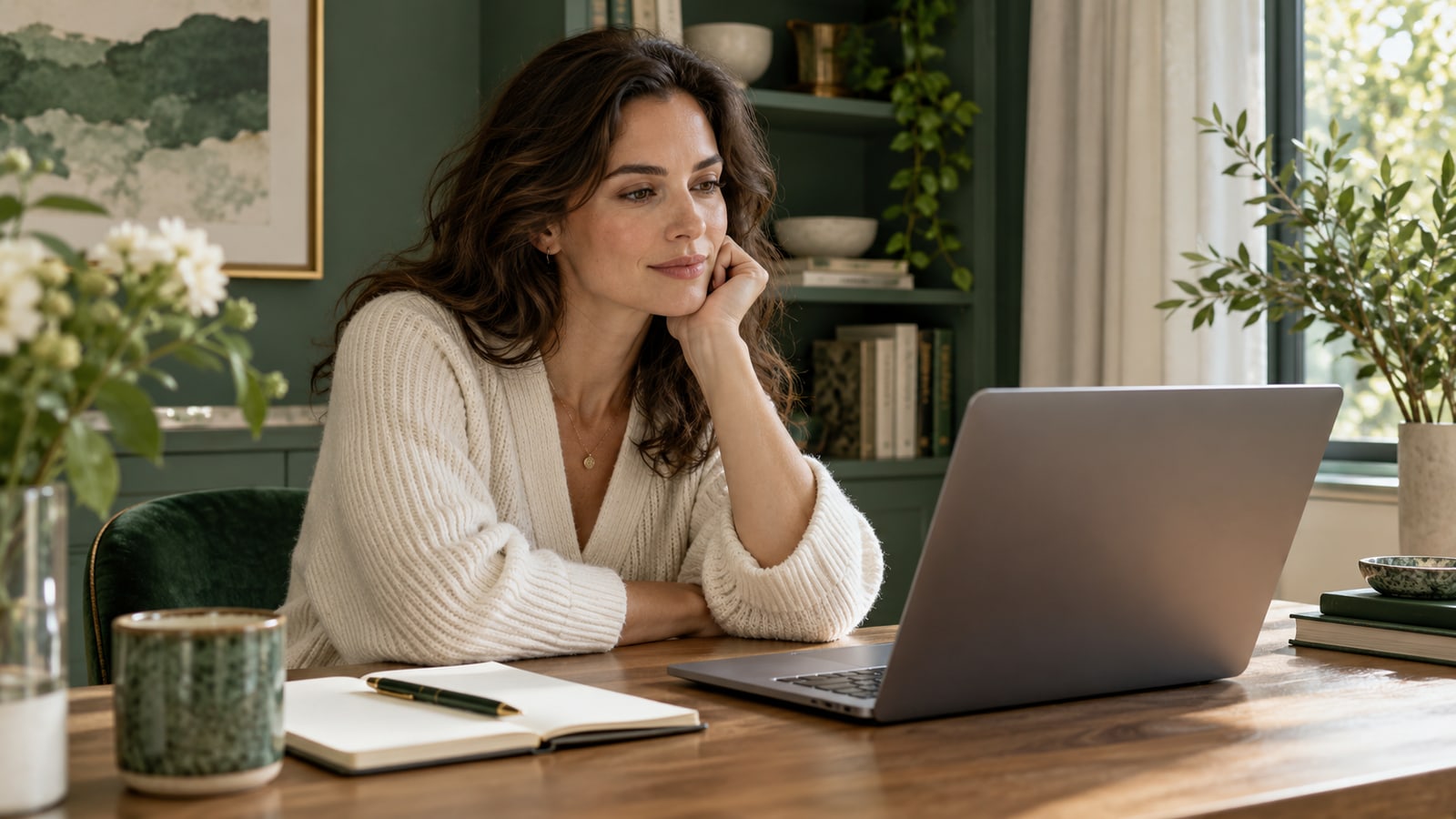 Fictional adult woman reviewing a laptop beside a blank notebook in an emerald and ivory room.