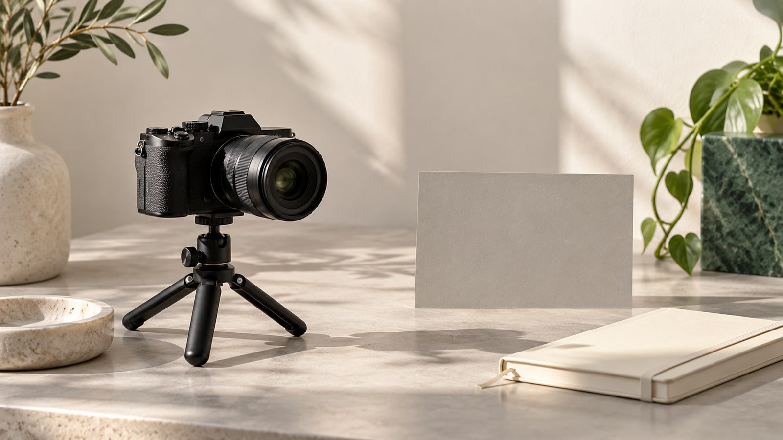 Unbranded camera on a small tripod beside a grey card and closed notebook in an ivory studio.