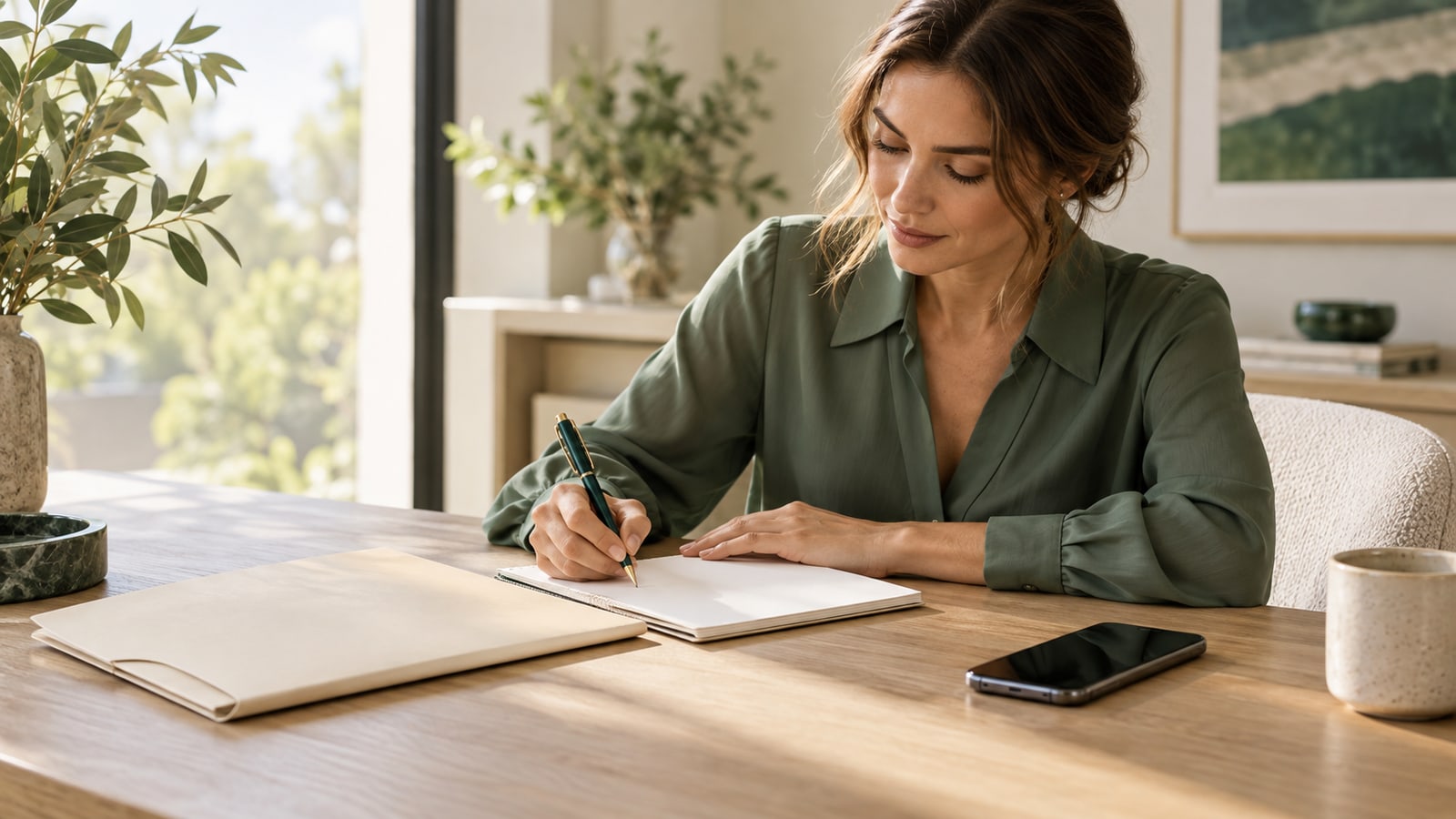 Fictional adult woman writing notes beside a plain document folder and phone on a pale oak desk.