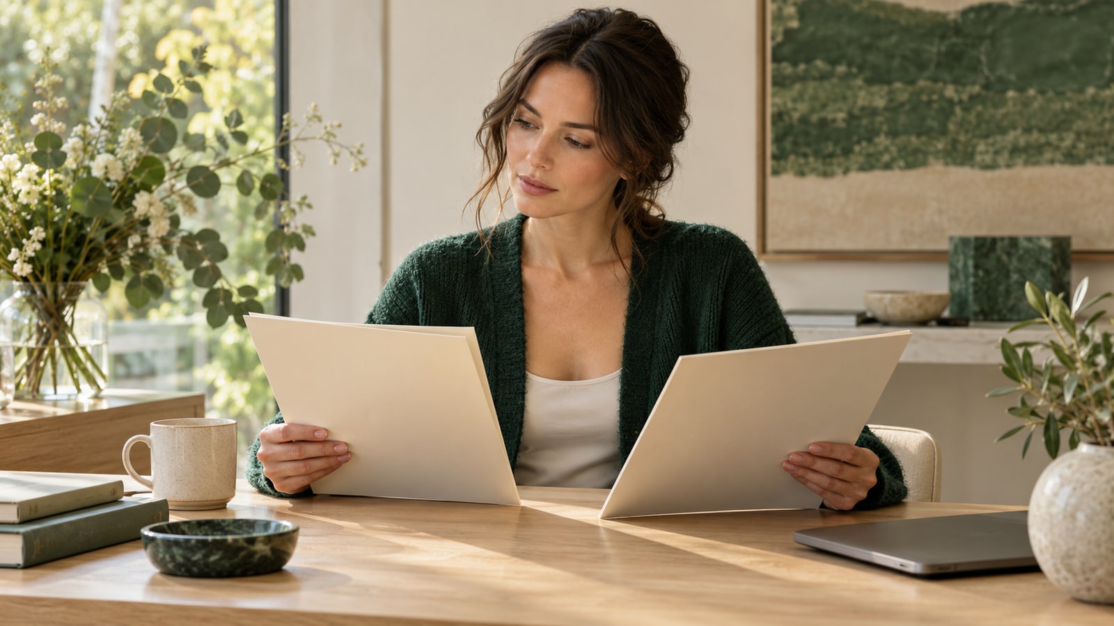 Fictional adult woman reviewing two plain cream folders at a pale oak desk.