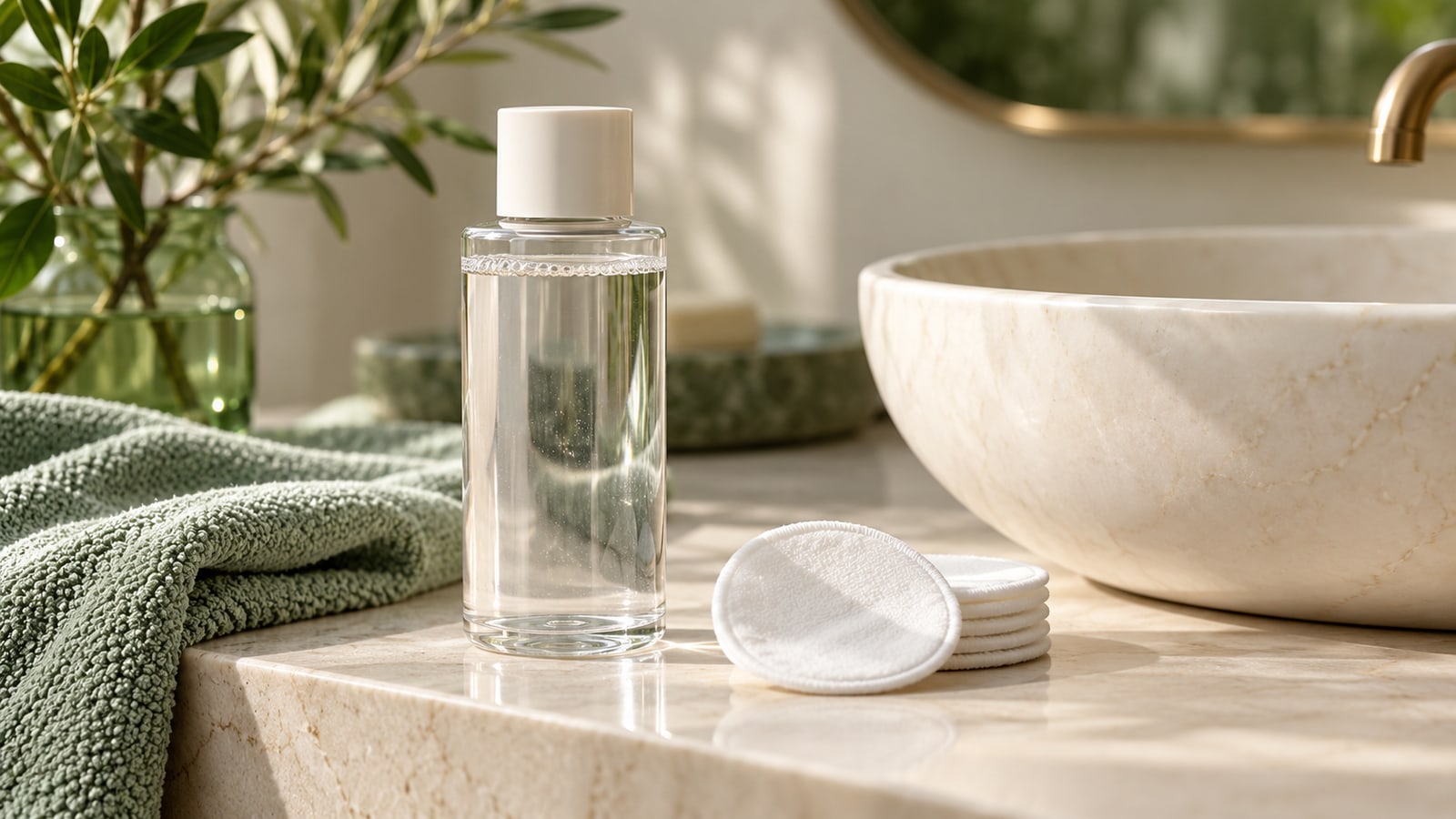 Clear unbranded cleansing bottle beside reusable round pads and an ivory basin.