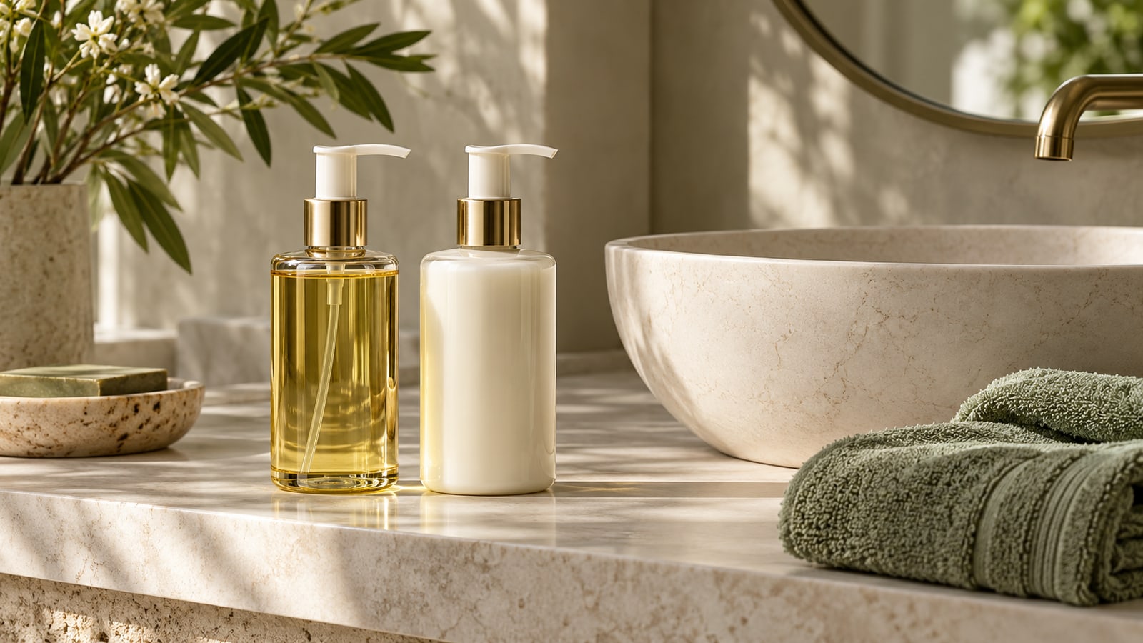 Two unbranded cleansing bottles beside a stone basin and folded sage towel.